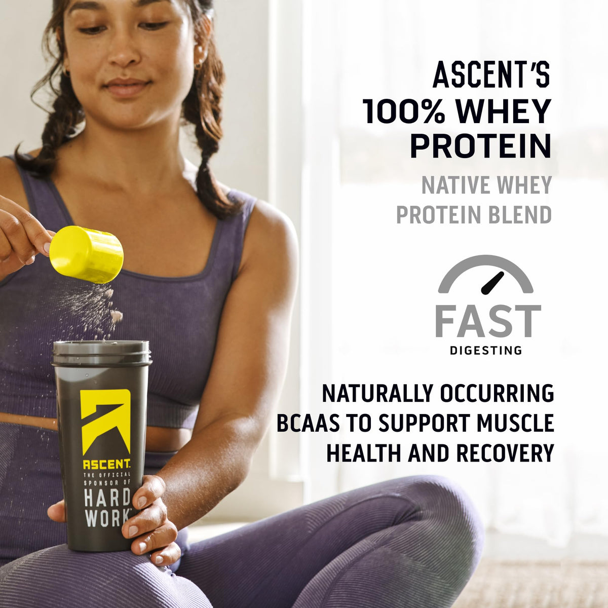 Ascent 100% Whey Protein Powder - Post Workout Whey Protein Isolate, Zero Artificial Flavors & Sweeteners, Gluten Free, 5.5g BCAA,