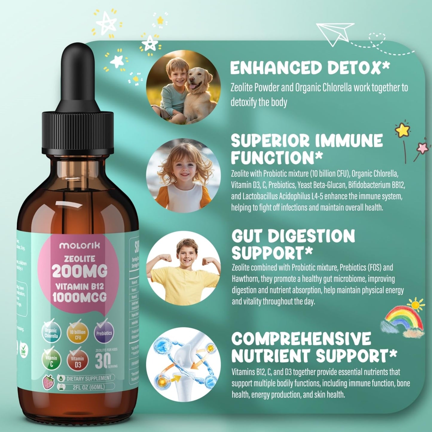 Zeolite Detox for Kids and Adults, 200mg Zeolite Liquid Drops with 1000mcg Vitamin B12, Organic Chlorella, 10 billion CFU & Prebiotics for Gut Support & Speech, Immune, Bone, Energy*, Strawberry, 60ML molorik pure buy supplements Au