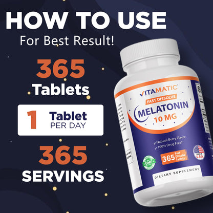 Vitamatic Melatonin 10 mg Fast Dissolve Tablets – Quick-Dissolving Sleep Support Supplement for Adults – Vegetarian, Non-GMO & Gluten-Free
