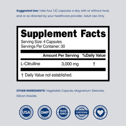 L Citrulline 3000mg Supplement (120 Capsules) Support L Arginine & Nitric Oxide Pills - L-Citrulline For Men & Women - Muscle Recovery & Pump Supplement - 3rd Party Tested