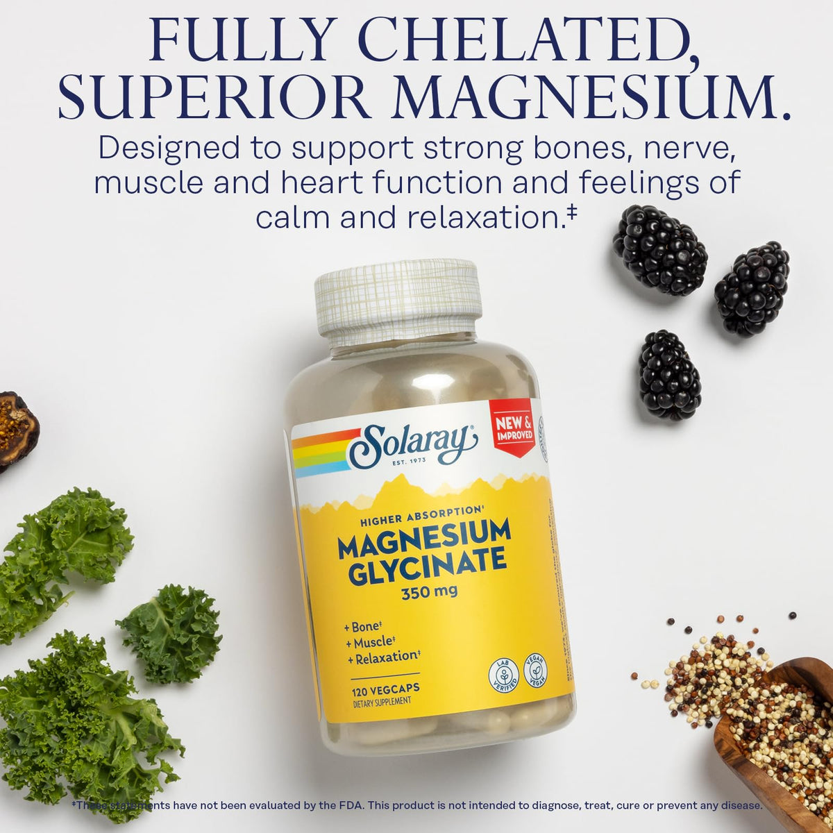 SOLARAY Magnesium Glycinate Capsules, Chelated Magnesium Bisglycinate w/BioPerine, Higher Absorption Magnesium Supplement - Bones, Muscles, Heart Support, Vegan (30 Servings, 120 VegCaps) SOLARAYBuy Supplements Australia
