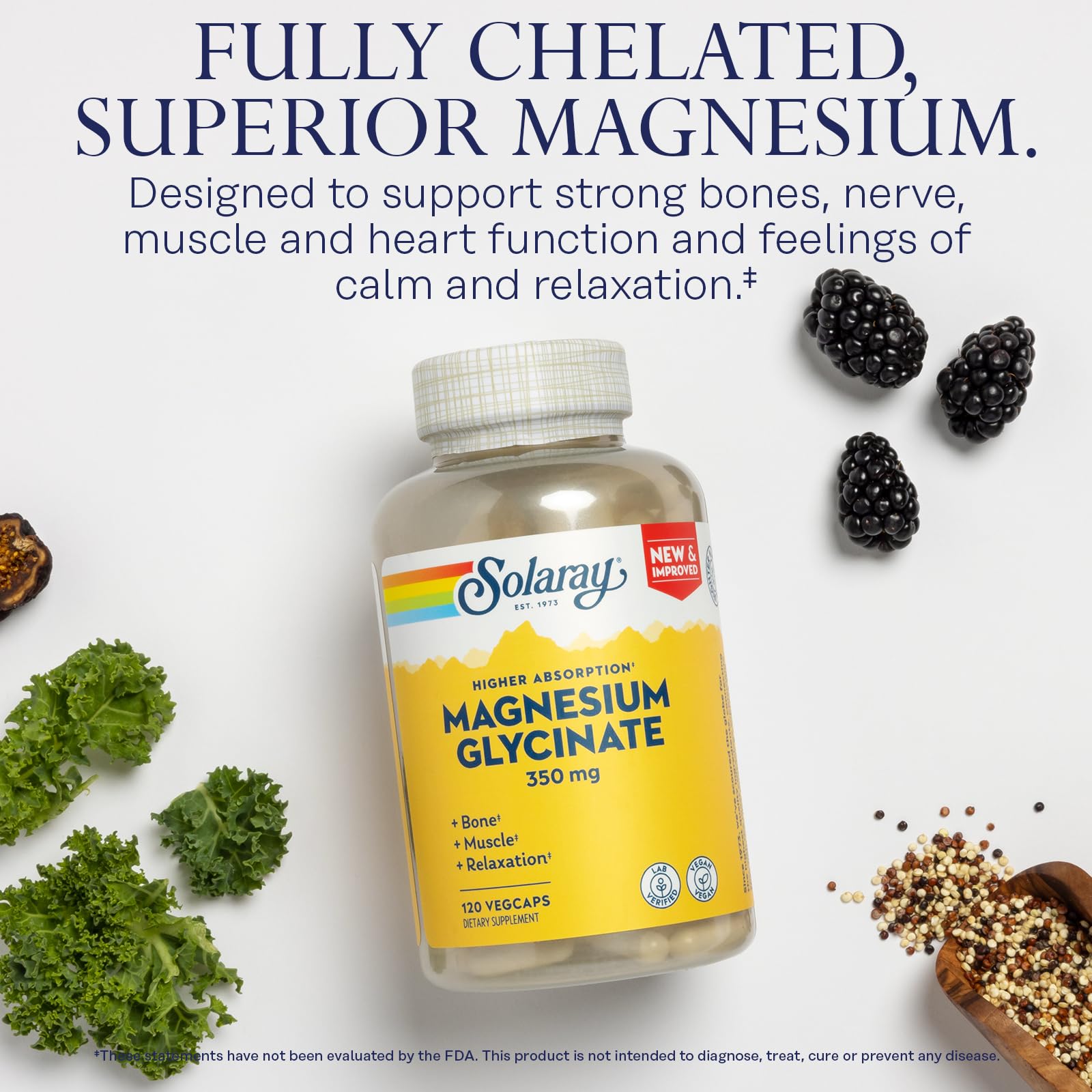 SOLARAY Magnesium Glycinate Capsules, Chelated Magnesium Bisglycinate w/BioPerine, Higher Absorption Magnesium Supplement - Bones, Muscles, Heart Support, Vegan (30 Servings, 120 VegCaps) SOLARAYBuy Supplements Australia