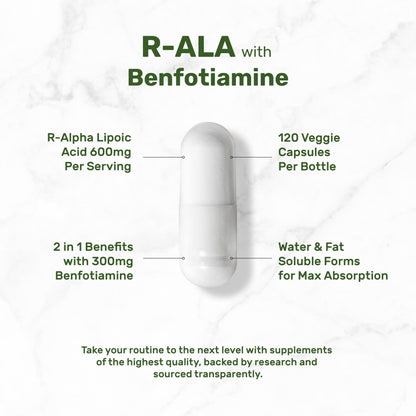 DEAL SUPPLEMENT R Alpha Lipoic Acid 600mg with Benfotiamine 300mg Per Serving, 120 Veggie Capsules – 200mg R-ALA Per Capsule – Antioxidant Supplement