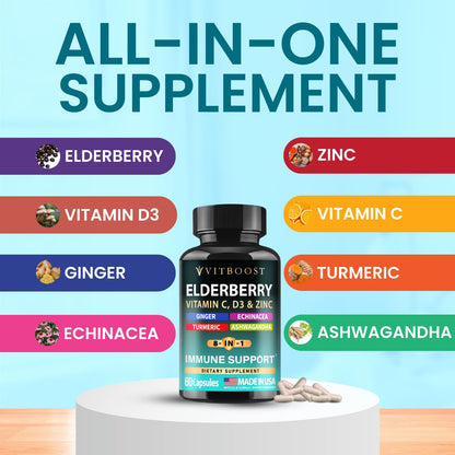 Elderberry Immune Support Supplement 8-in-1 Formula with Echinacea, Vitamin C & Zinc, Vitamin D 5000 IU, Turmeric, Ginger, Ashwagandha – 60 Capsules
