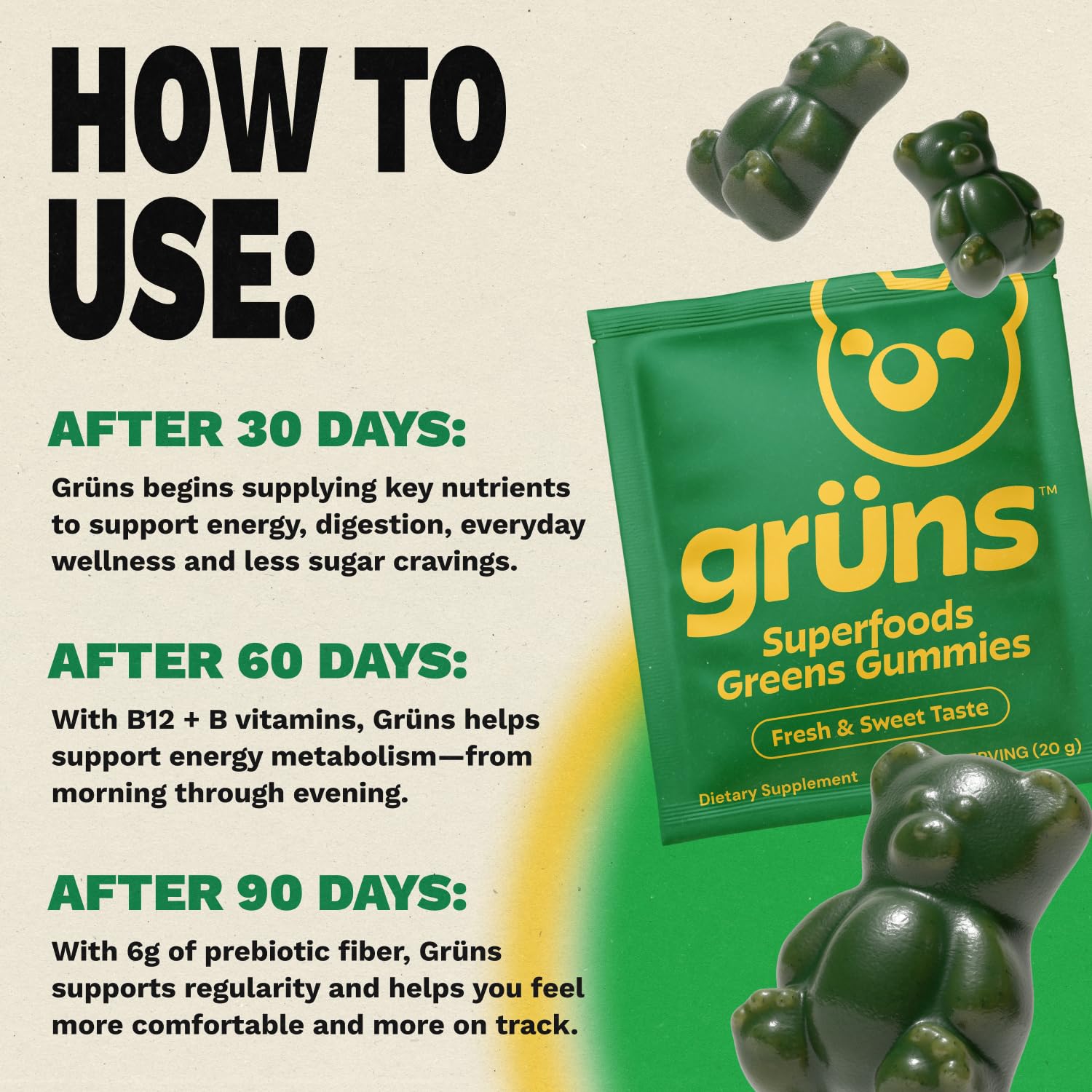 Gruns Adults Super Greens Gummies, Multivitamin Superfood Gummy Bears, Spirulina, Chlorella, Prebiotics & Fiber Gummies for Digestive Health, Adaptogens Supplement, 20 Vitamins & Minerals, 10 Count Grüns buy supplements Au