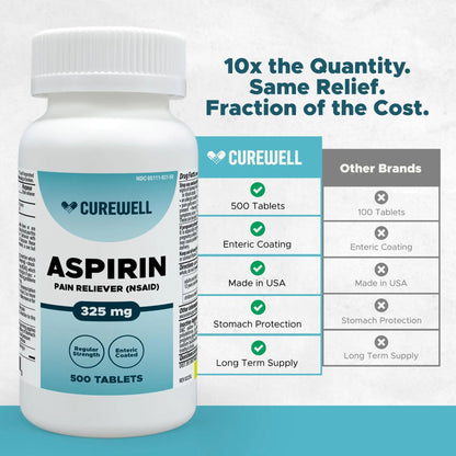 CUREWELL Enteric Coated Aspirin Tablets 325mg (500 Count) NSAID Pain Reliever & Fever Reducer Coated Aspirin for Adults - Regular Strength for Headache Arthritis Menstrual & Muscle Pain CUREWELLBuy Supplements Australia