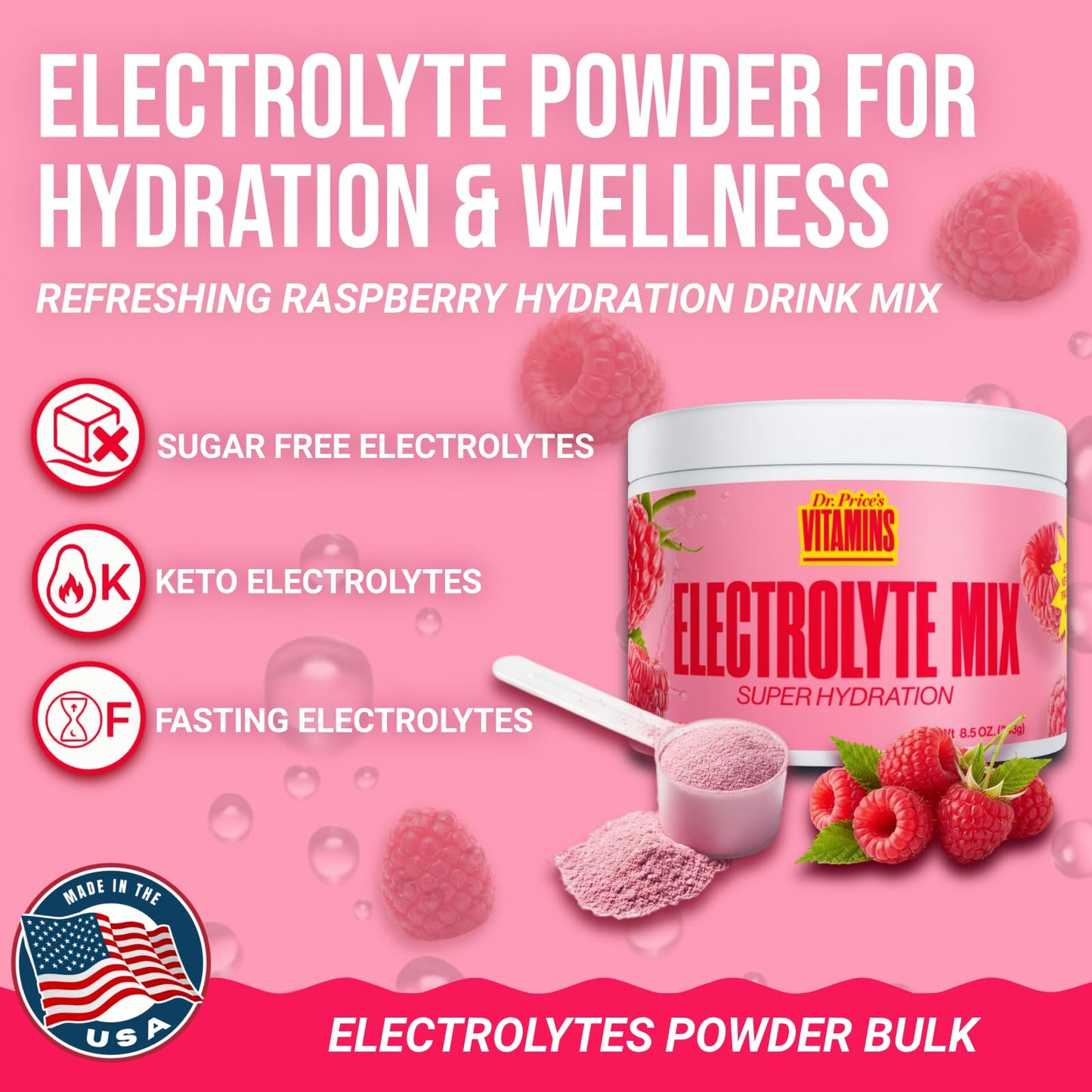 Dr. Price’s Electrolytes Powder Bulk – Raspberry, 90 Servings | Sugar Free Hydration Drink Mix with 72+ Trace Minerals, Manganese | Keto Electrolytes