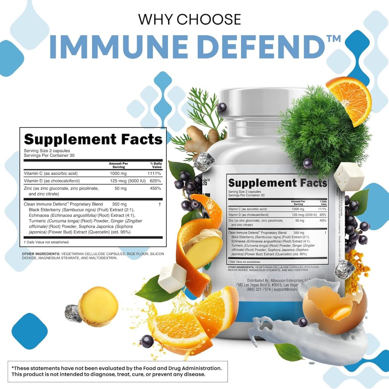 Clean Nutraceuticals Immune Defense Support Supplement 8 in 1 with Zinc 50mg Quercetin, VIT C 1000mg, Vitamin D3 5000 IU, Elderberry, Ginger - Immunity System Booster for Adults, Vegan - 60 Count Clean NutraceuticalsBuy Supplements Australia