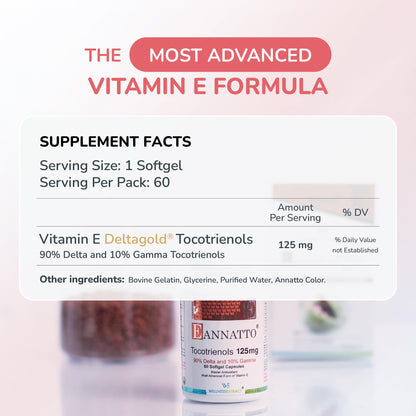 WELLNESS EXTRACT Eannatto Tocotrienols Vitamin E Supplements Tocopherol Free, Non-GMO, Gluten Free & Antioxidant (125MG 60 Softgels)