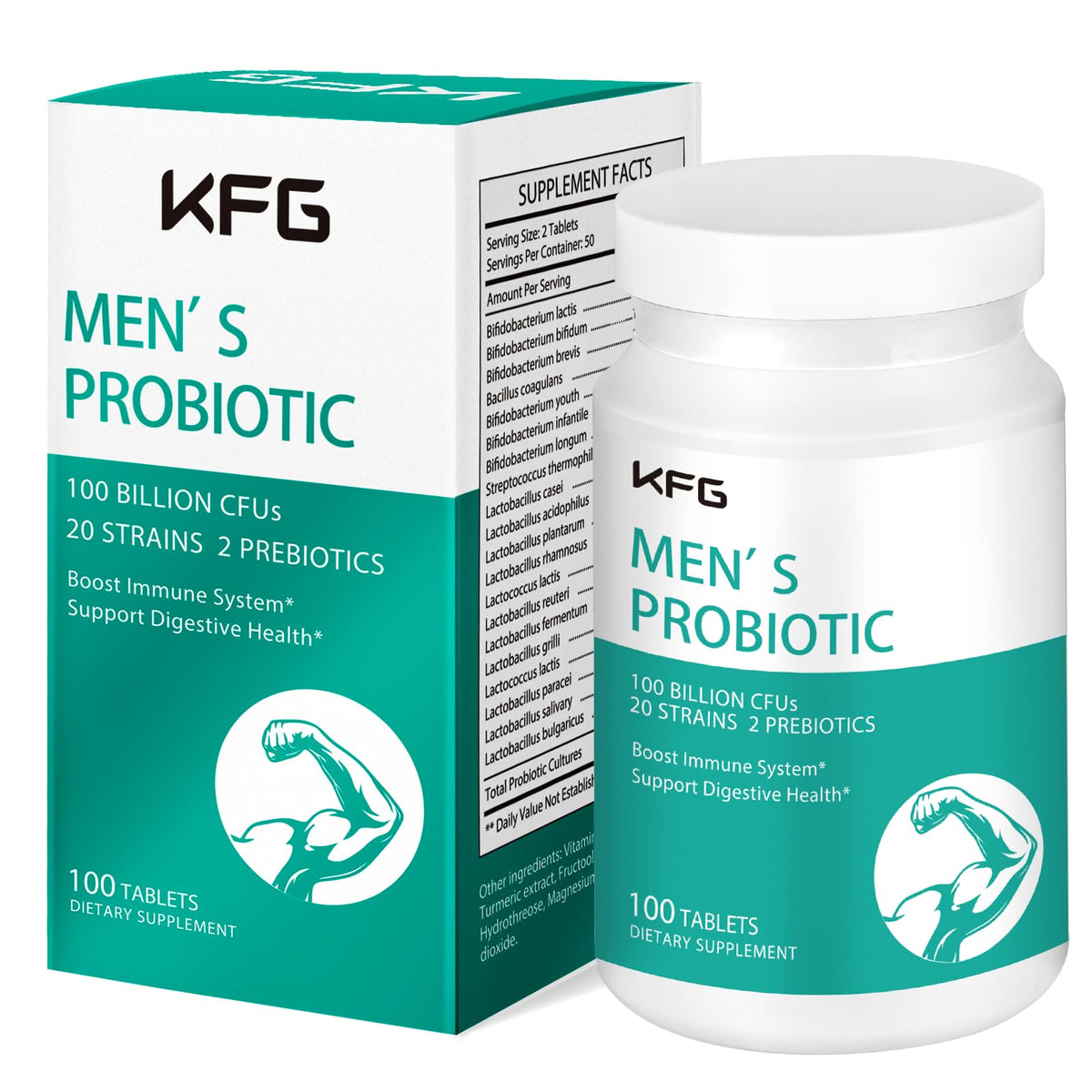KFG Probiotic Supplement 100 Billion CFU, 20 Strains, 2 Prebiotics and Digestive Enzymes, Supports Digestion, Immune Support, Gut Health and Metabolism, Non-GMO,