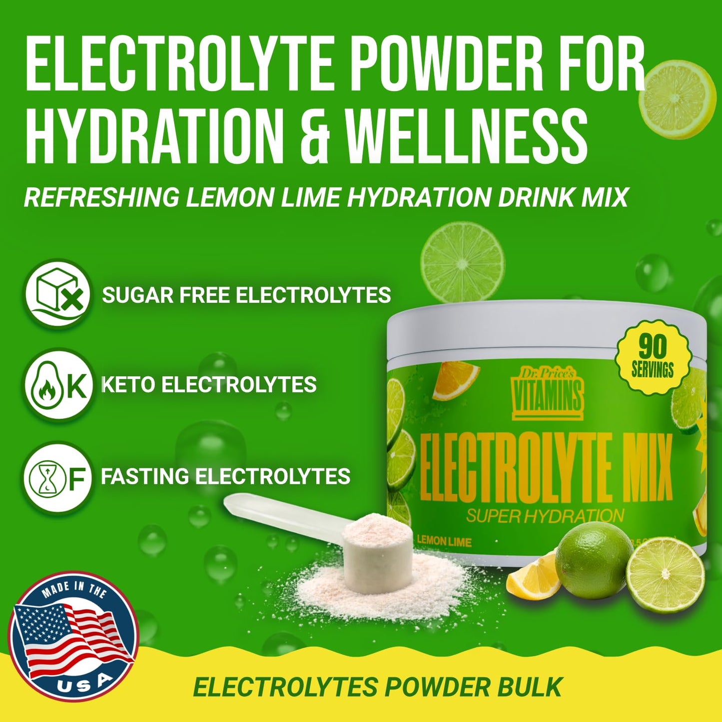 Dr. Price’s Electrolytes Powder Bulk – Lemon Lime, 90 Servings | Sugar Free Hydration Drink Mix with 72+ Trace Minerals, Manganese | Keto Electrolytes