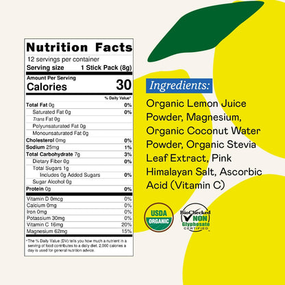 GOODONYA Organic Hydration Electrolyte Drink Mix, Certified Organic Hydration Powder, Non-GMO, Biochecked Glyphosate Free, Low Sugar, Lemonade Flavor, No Artificial Flavors,12 Stick Packs