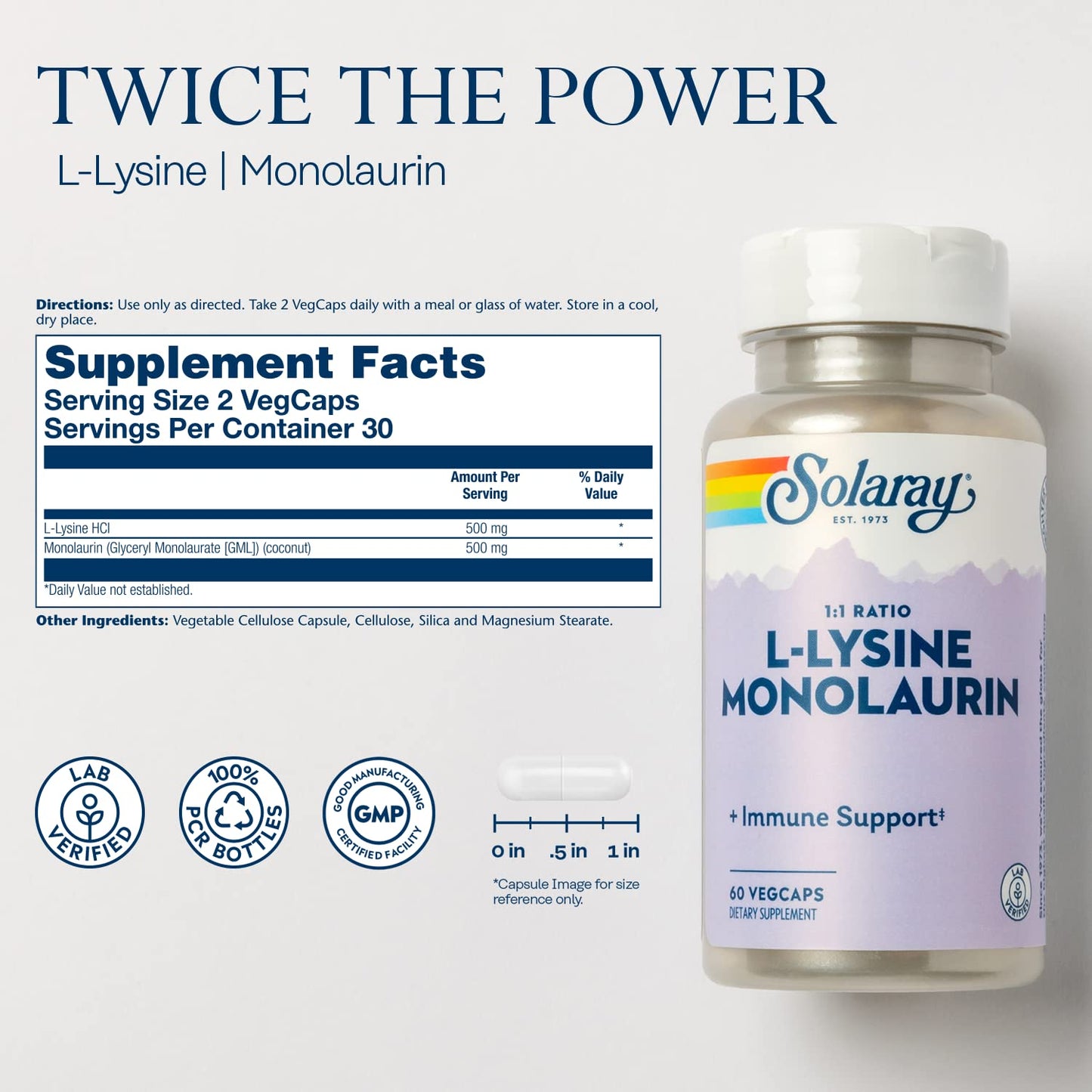 SOLARAY L-Lysine Monolaurin Immune Support Supplement, 1:1 Ratio for Immune System Function, 500 mg Each, 60-Day Money Back Guarantee