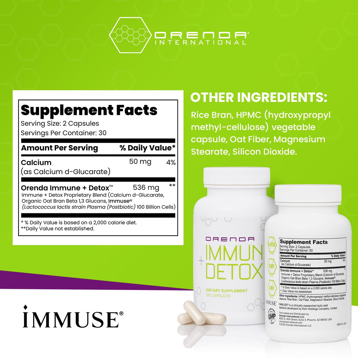 Orenda Immune + Detox - Specialized Formula with Calcium d-Glucarate, Beta 1,3 Glucans & IMMUSE® for Wellness and Balance - 120 Capsules