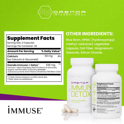 Orenda Immune + Detox - Specialized Formula with Calcium d-Glucarate, Beta 1,3 Glucans & IMMUSE® for Wellness and Balance - 120 Capsules
