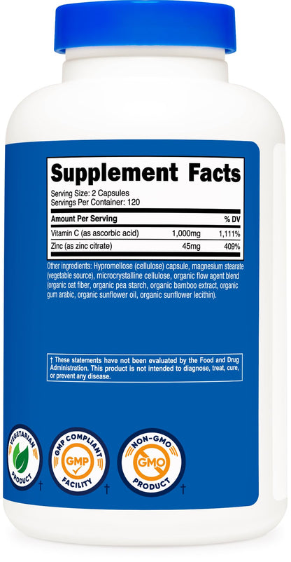 Nutricost Vitamin C with Zinc Capsules, 120 Servings - 1000mg, 45mg Zinc, Non-GMO, Gluten Free Vitamin C Supplement