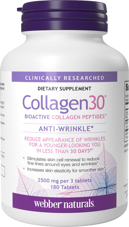 Webber Naturals Collagen 30 Anti-Wrinkle, 2,500mg of Bioactive Collagen Peptides Per Serving (3 Tablets), 180 Tablets, Helps Reduce Deep Wrinkles