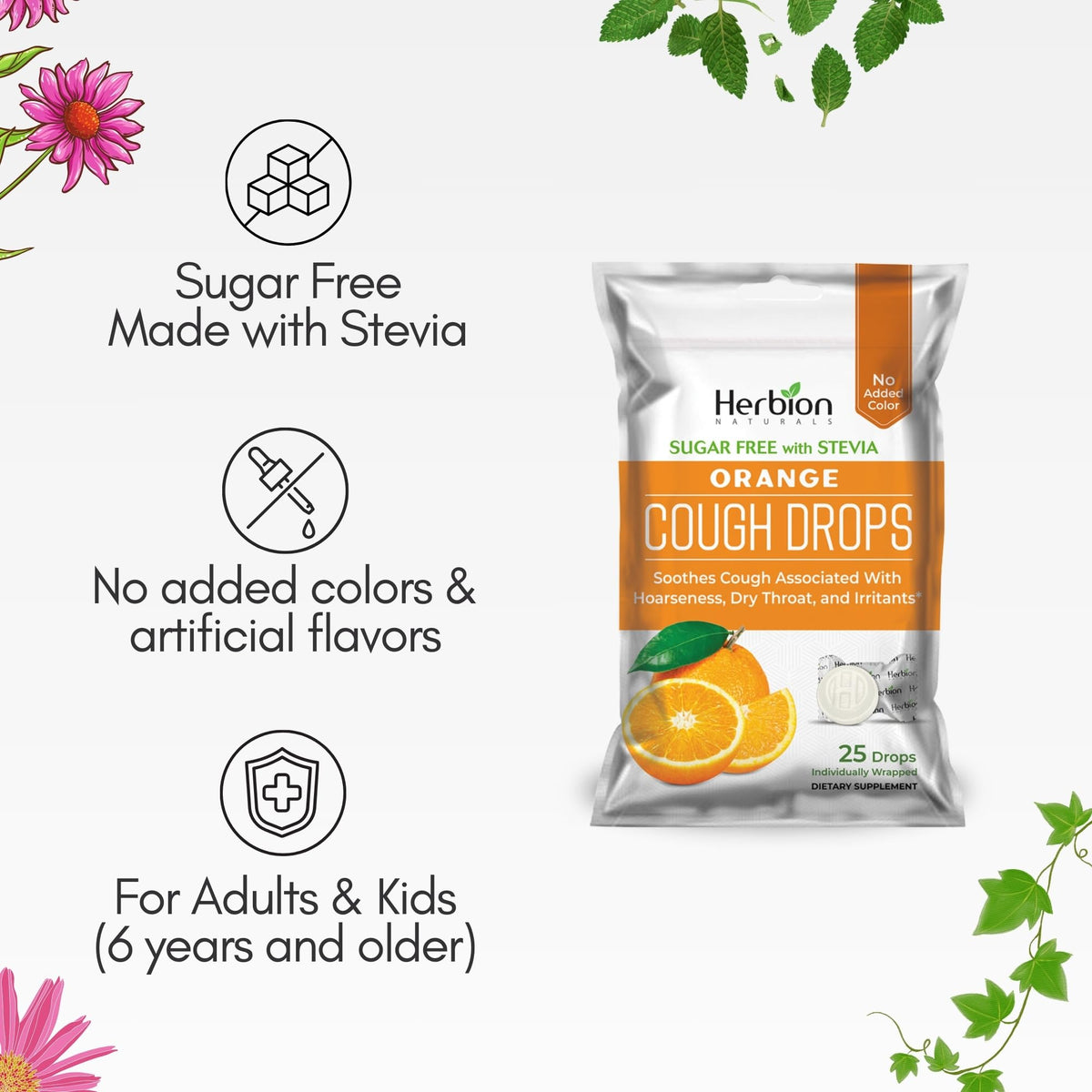 HERBION Naturals Cough Drops with Orange Flavor, Sugar-Free with Stevia, Soothes Cough, for Adults and Children Over 6 Years – Pack of 5(125 Lozenges)