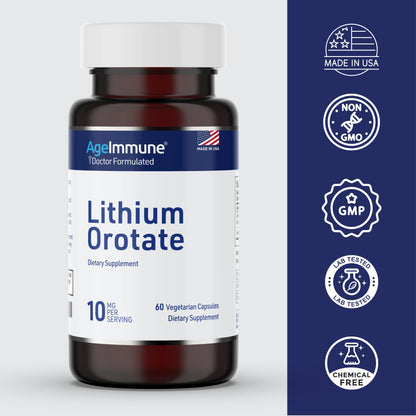 Lithium Orotate 10mg per Capsule - 60 Vegetarian Capsules. Memory and Emotional Wellness Support - Magnesium Stearate Free