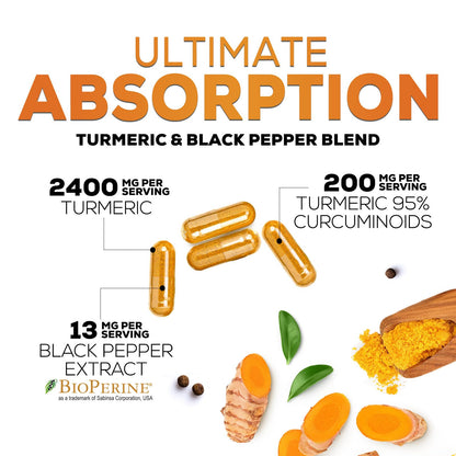 Turmeric Curcumin Supplement - 2400mg Organic Turmeric Per Serving - 95% Curcuminoids & BioPerine Black Pepper Extract for Best Absorption - Natural Vegan Joint Support
