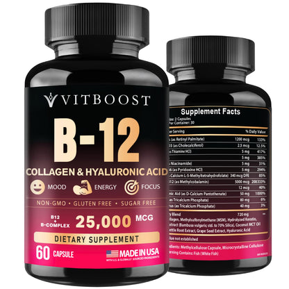 B12 with Hyaluronic Acid, Collagen and Folate – 25000 mcg B12 Complex | Maximize Absorption & Energy | Gluten Free USA Made, B1, B2, B3, B6, B7, B12 vitamins 5000 mcg
