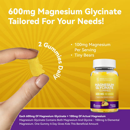Magnesium Glycinate Gummies 600mg, Non-GMO, Gluten-Free, Magnesium Gummies for Adults & Kids, Sleep, Relaxation & Focus