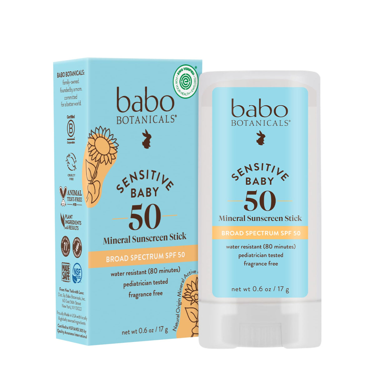 Babo Botanicals Sensitive Baby Mineral Sunscreen Stick SPF 50 - 70% Organic Ingredients - Zinc Oxide - NSF & MADE SAFE and EWG Certified