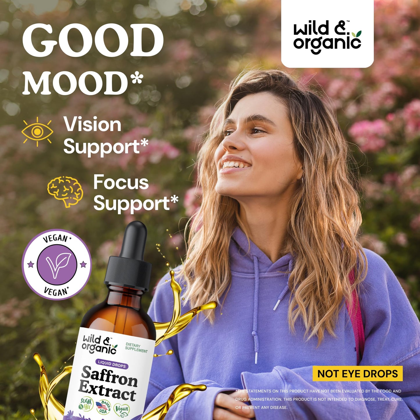 Wild & Organic Saffron Supplements 88.5 mg - Mood, Brain & Vision Support - Liquid Saffron Drops - Add to Tea - Crocus Sativus Herb Extract - Vegan, Sugar & Alcohol-Free Tincture - 2 fl oz