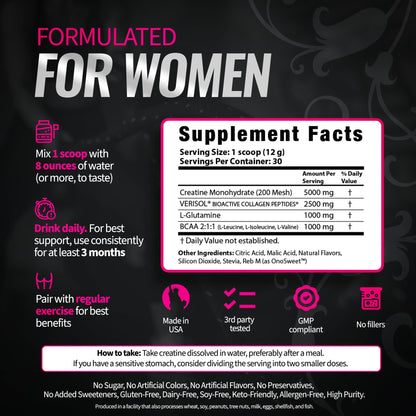 Bold Buns Creatine for Women – Supplement with Collagen & BCAA – Supports Muscle Development, Post-Workout Recovery, Skin Elasticity,