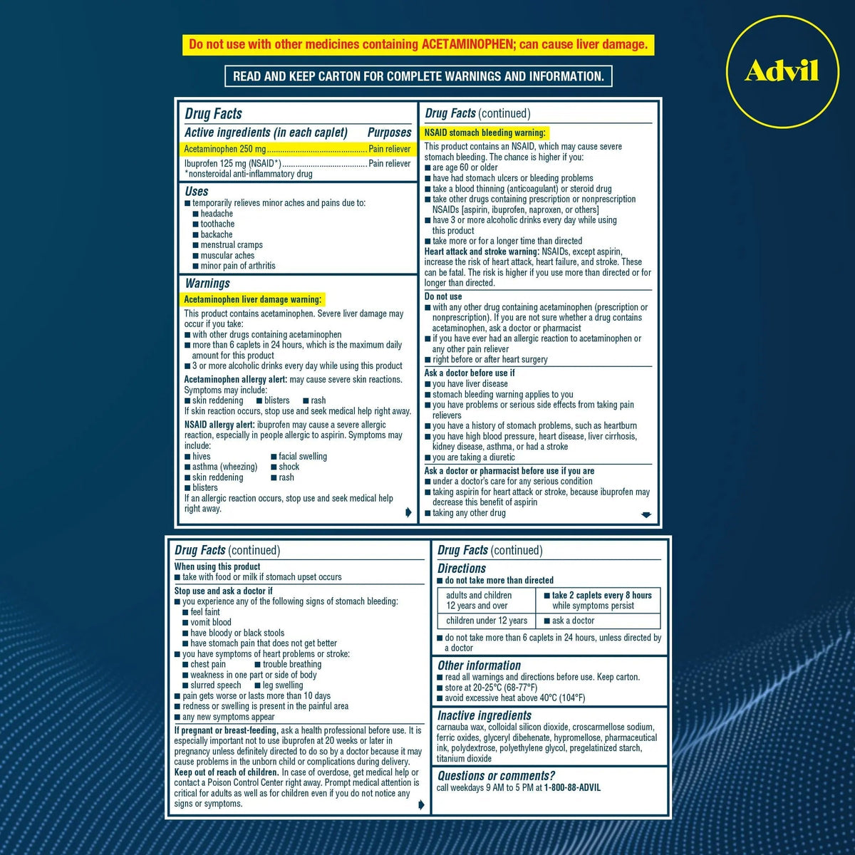 Advil Dual Action Coated Caplets, 125 Mg Ibuprofen and 250 Mg Acetaminophen per Dose (2 Dose Equivalent) for 8 Hour Pain Relief - 216 Count AdvilBuy Supplements Australia