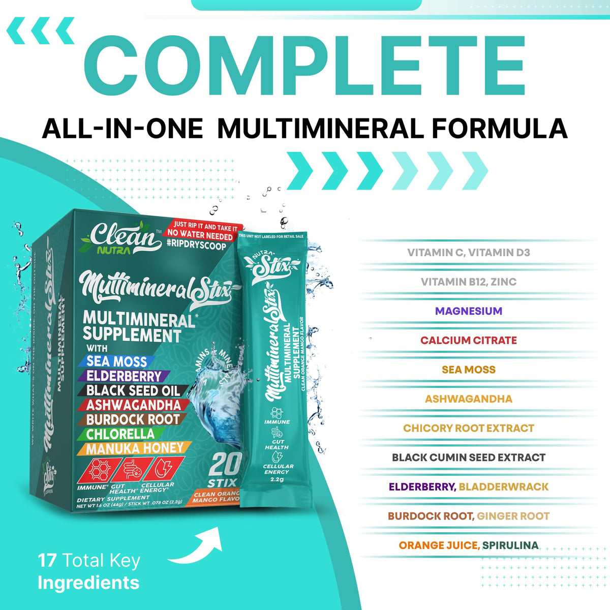Sea Moss Powder Elderberry Ashwagandha Chlorella Manuka Honey VitaminD3 Vitamin C Zinc Spirulina Iodine Greens Detox Immune Support Sugar Free Hydration Powder Drink Mix – 20 Sticks Clean NutraceuticalsBuy Supplements Australia