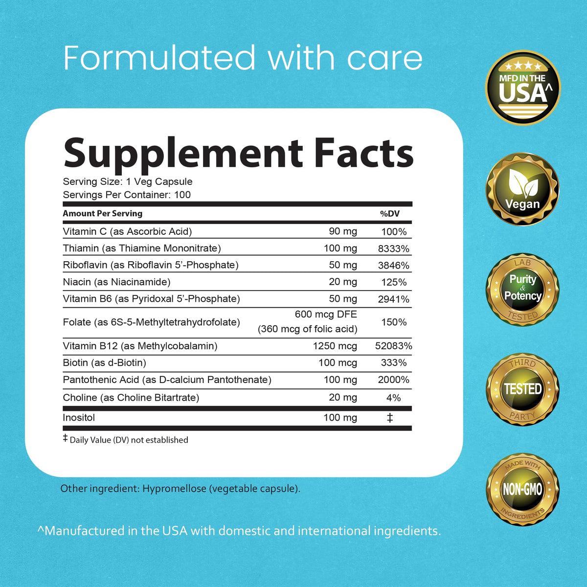 NaturaLife Labs Vitamin B Complex – All B Vitamins Including Active B2, B6, B9 & B12 (Methylcobalamin), Plus B1, B3, B5, B7 & Vitamin C – 100 Capsules
