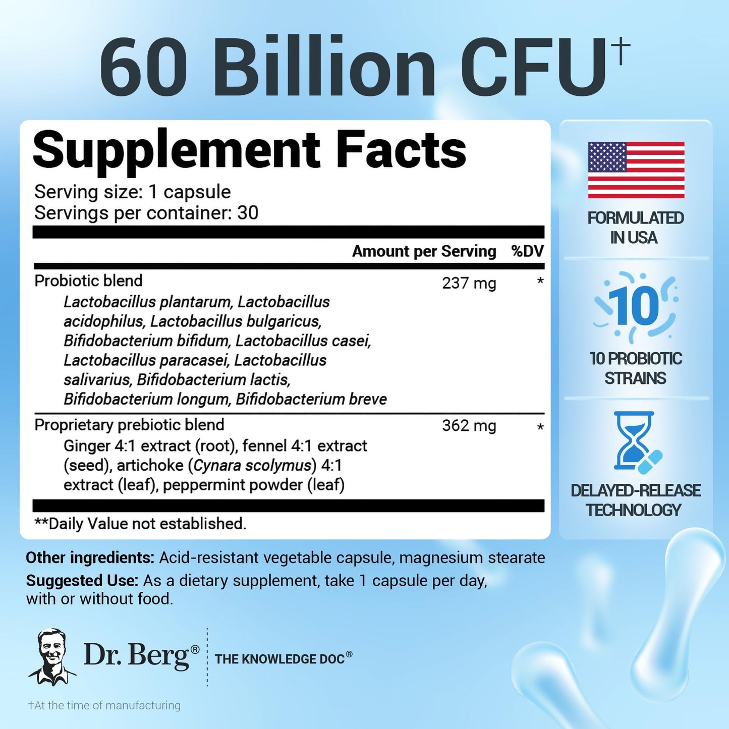 Dr. Berg Probiotic Supplement (60 Billion CFUs) - Helps Ease Occasional Constipation, Diarrhea, Gas & Bloating* - Pre and Probiotics for Digestive Health - 30 Probiotic Capsules
