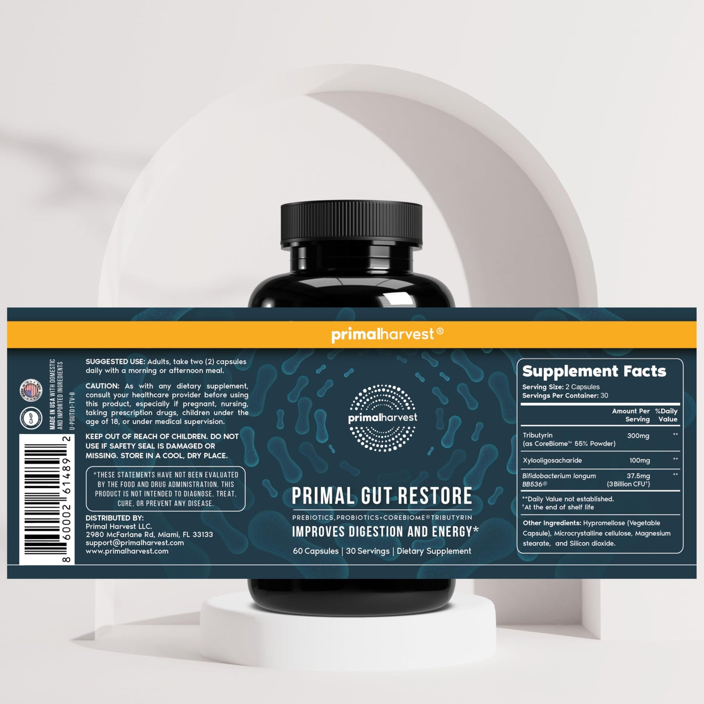 Primal Harvest Restore for Gut Health, Primal Gut Restore w/POSTbiotics, PREbiotics and PRObiotics for Women and Men, 60 CT - Digestion, Colon Cleanse,