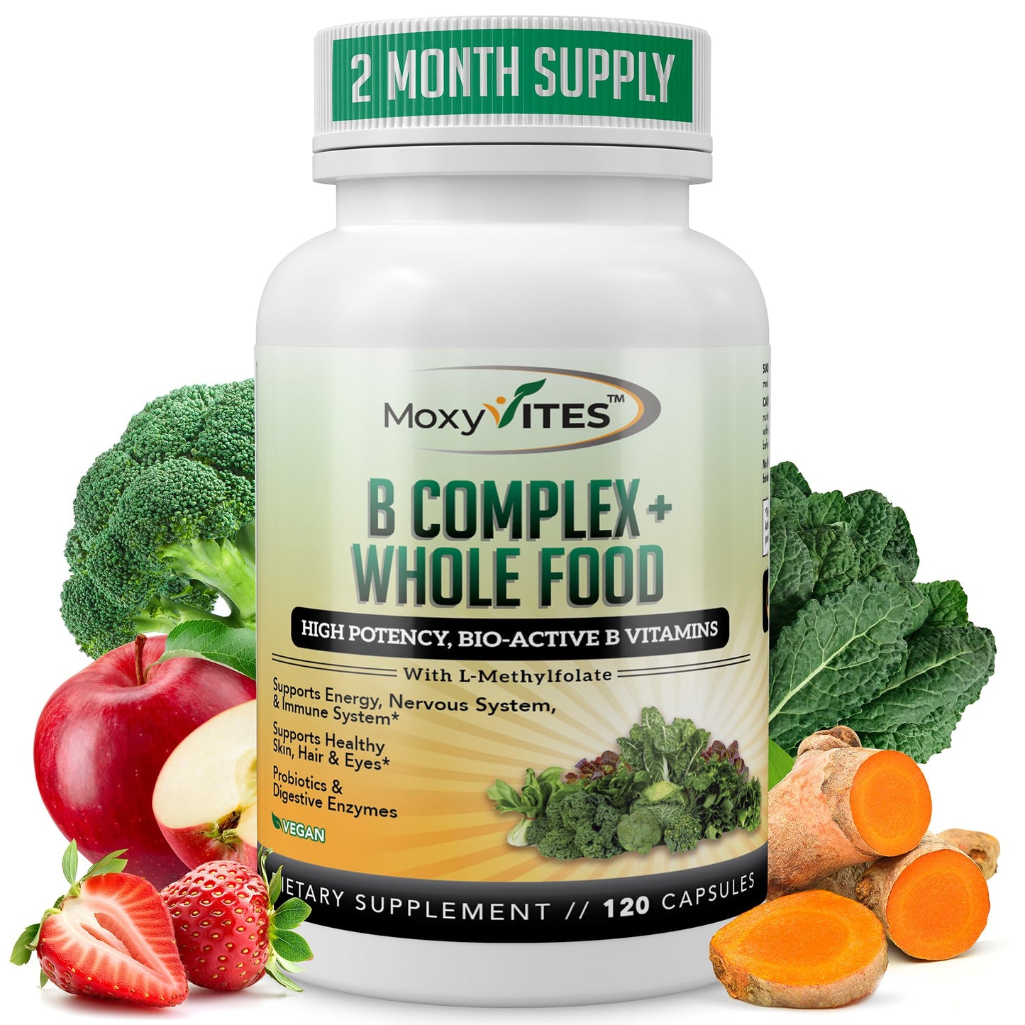 MoxyVites Vitamin B Complex - B Vitamins Whole Food Supplement, B12 Methylcobalamin, B1, B2, B3, B5, B6, B7, B9 - for Stress