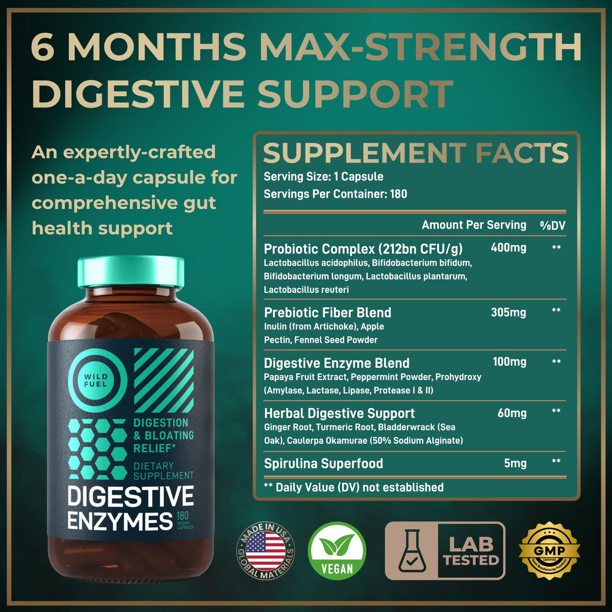 Complete Digestive Enzymes for Women & Men - 800mg Vegan Digestive Enzymes and Probiotics Prebiotics - Bloating Support, Gut Health & Digestion Supplement