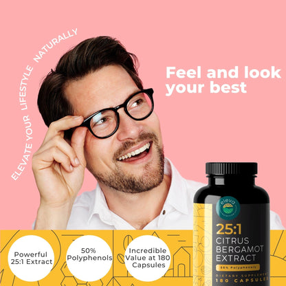 Citrus Bergamot Extract 1000mg Capsules — Natural 25:1 Citrus Bergamot Supplement with 50% Polyphenols Extract and Black Pepper