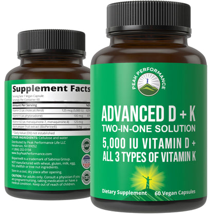 Peak Performance Advanced Vitamin D 5000 IU with All 3 Types of Vitamin K Vitamin D3 and Vitamin K2, K1, MK-7 (MK7), MK4 Supplement