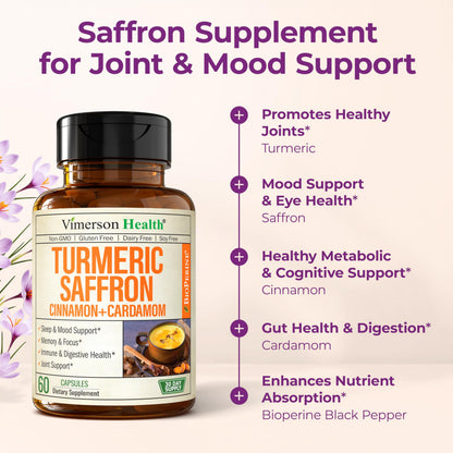 Saffron Supplements – 89mg Saffron Extract, 1000mg Turmeric Curcumin, Ceylon Cinnamon & Cardamom – Daily Mood, Joint & Metabolic Support – Joint Supplements for Women & Men – 60 Capsules Vimerson HealthBuy Supplements Australia