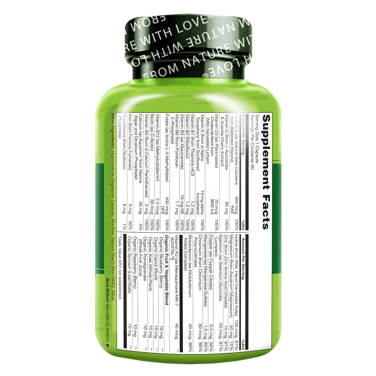 NATURELO One Daily Multivitamin for Women w/Vitamin B12, 60 Ct, Energy Support, Whole Food Daily Women Multivitamin Supplement, Nourish Hair/Skin/Nail, Non-GMO