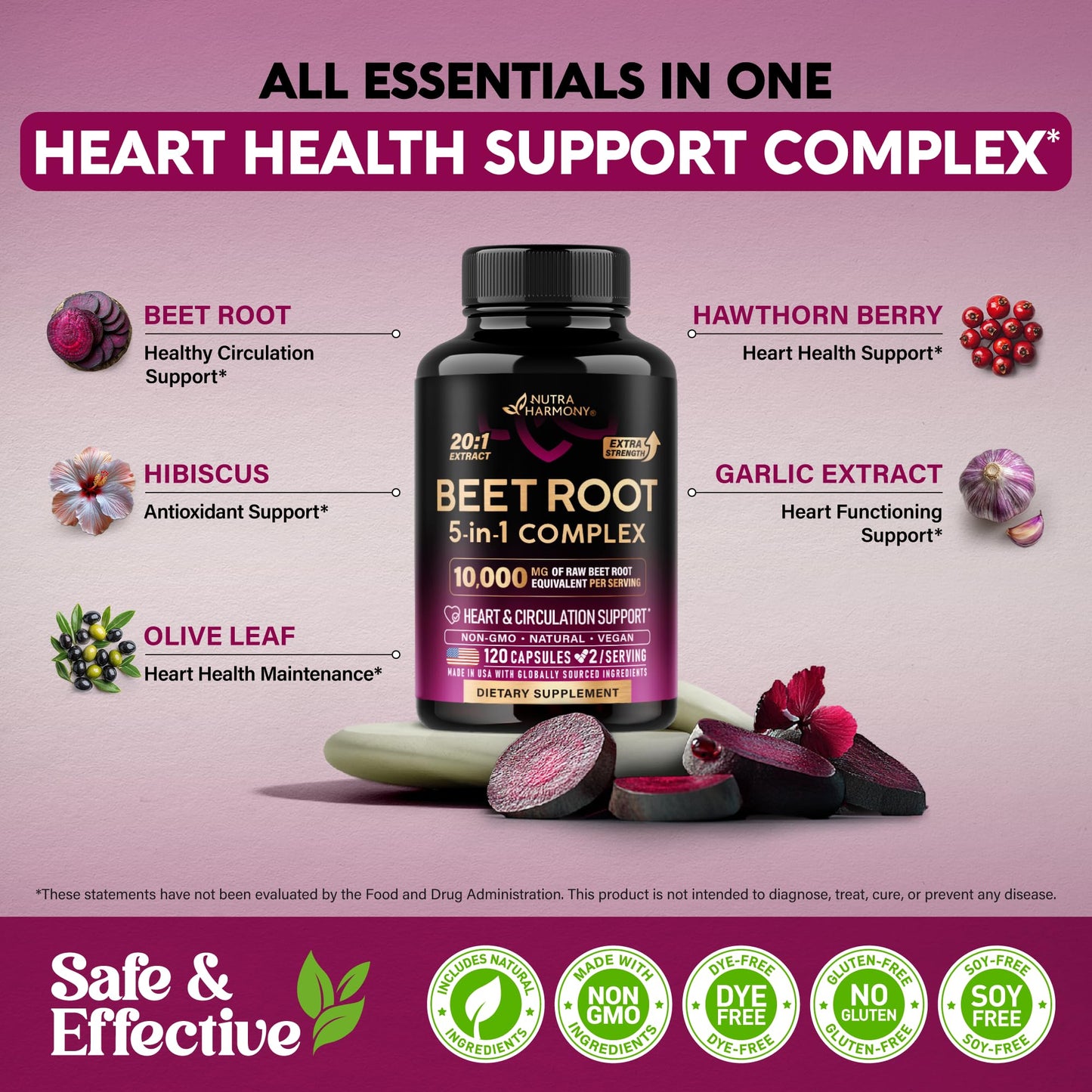 Beet Root 5-in-1 Complex Capsules - Healthy Blood Pressure Support Supplement for Heart & Circulation Support - Olive Leaf, Hawthorn Berry & Hibiscus