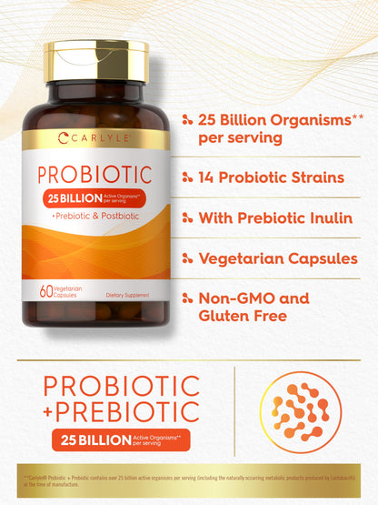 Carlyle Probiotic with Prebiotics & Postbiotics | 25 Billion CFU | 60 Capsules | Supplement for Women & Men | Powder Pills