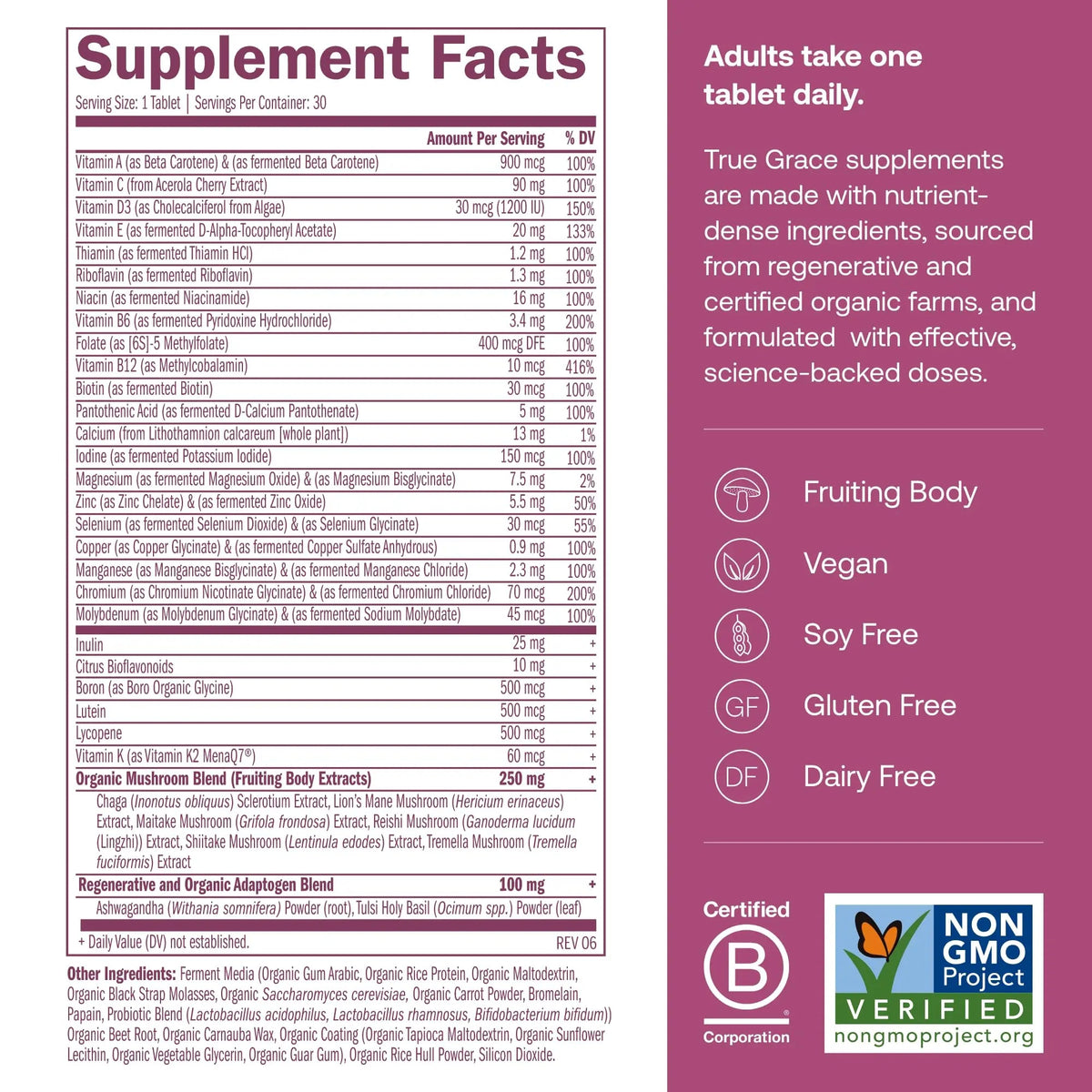 True Grace One Daily Women’s Multivitamin 40+ Fermented Minerals, Organic Adaptogens & Mushrooms Energy, Immune, Bone Support True Grace