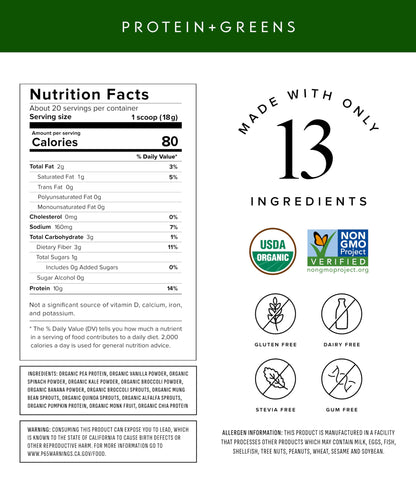 Truvani Protein + Greens Supplement | Spinach, Kale & Broccoli | 10g Organic Plant Based Protein | 20 Servings | USDA Organic | Gluten & Dairy Free
