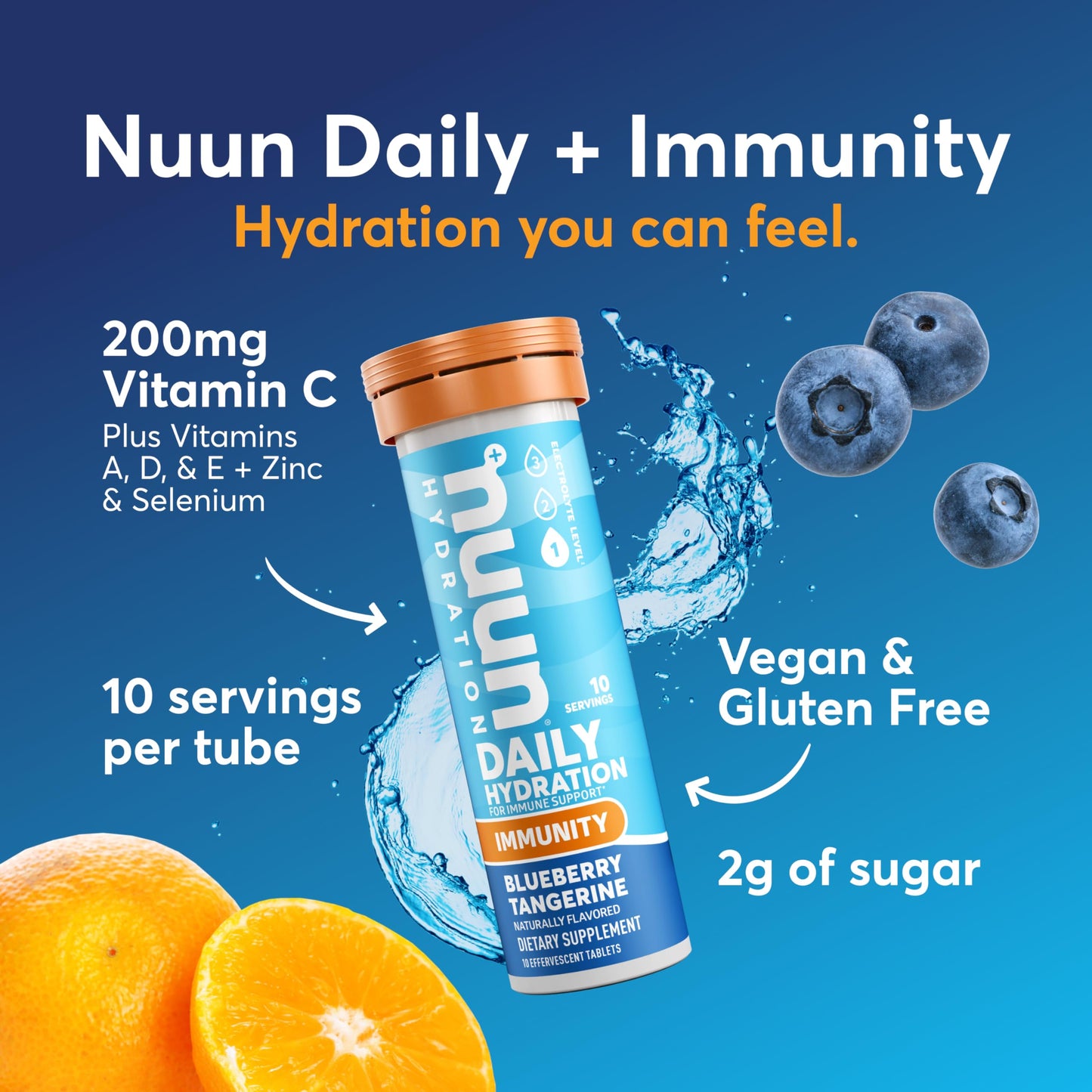 Nuun Immunity Electrolyte Tablets with Vitamin D, C, E, & A, Ginger, Elderberry, Magnesium & 4 Other Essential Electrolytes, Vegan, Blueberry Tangerine & Orange Citrus, 4 Pack (40 Servings Total)