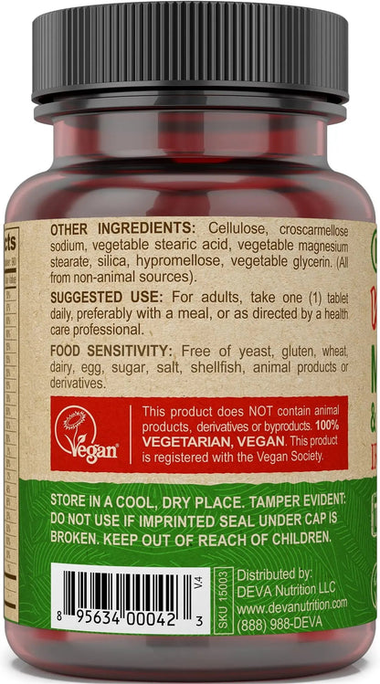 DEVA Vegan Iron-Free Multivitamin & Mineral Supplement, Vitamin C, D2, E & B-Complex, Biotin, 90 Tiny Tablets DEVA