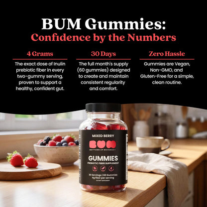 Bum Prebiotic Fiber Supplement for Men - Chicory Root Inulin Prebiotic Fiber Gummies for Men for Peachy Digestive Health, Regularity & Boating Relief