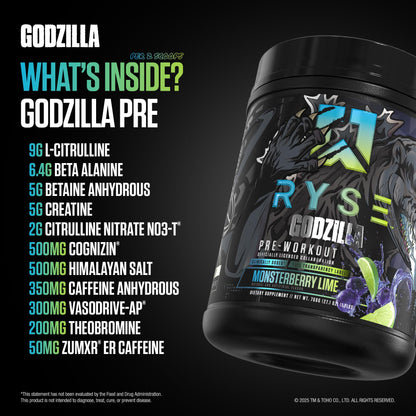 RYSE Godzilla X Noel Deyzel Pre Workout Powder - Monsterberry Lime - 400mg Caffeine, High Stim Pre-Workout for Men & Women with Citrulline & Beta Alanine - Energy, Pump & Focus - 20/40 Servings