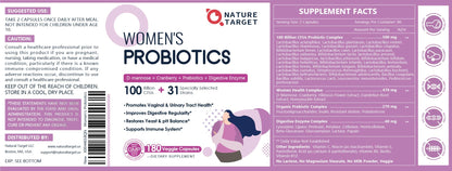 NATURE TARGET Probiotics for Women, 100 Billion CFUs Probiotic with Digestive Enzymes & Prebiotics, Vaginal Probiotics with Cranberry for Urinary Tract Health,