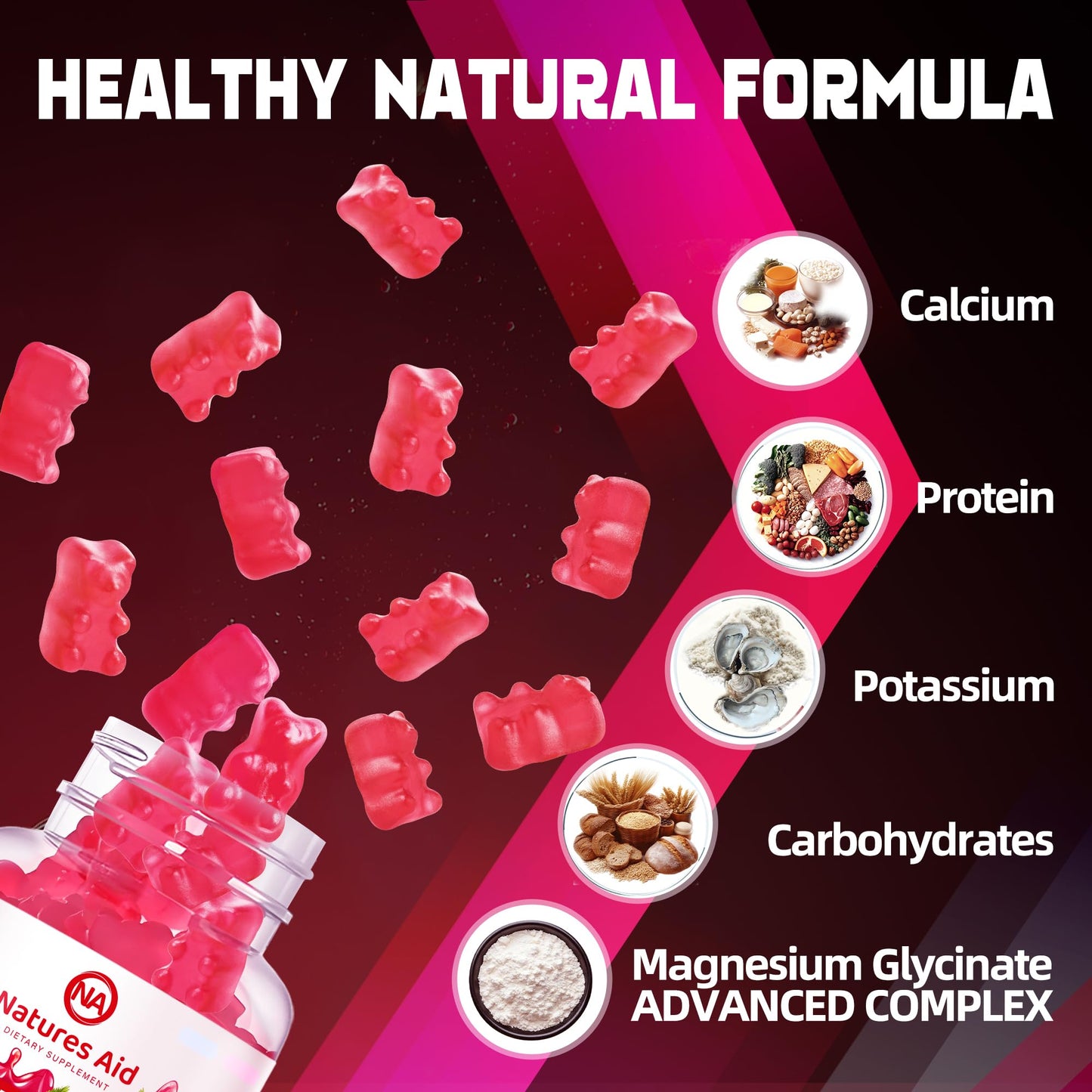 Natures Aid Magnesium Glycinate Gummies 1000mg - Sugar Free Magnesium Potassium Supplement with Vitamin D, B6, CoQ10 for Calm Mood